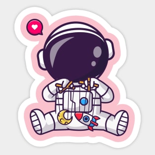 Cute Astronaut Playing With Moon And Rocket Puppet Cartoon Sticker